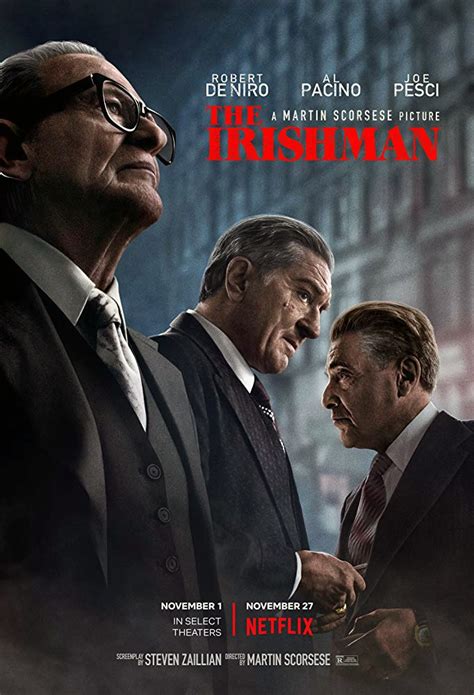 The irishman parents guide - English. Budget. $159–250 million. Box office. $8 million [2] [3] The Irishman (also known as I Heard You Paint Houses) is a 2019 American epic gangster film directed and produced by Martin Scorsese from a screenplay by Steven Zaillian, based on the 2004 book I Heard You Paint Houses by Charles Brandt. [4]